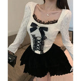 IFOMT Elegant Square Collar Bow Lace Tops Mujer 2024 Early Qutumn New T-shirt for Women Y2k E-Girl Slim Fit Long Sleeve Pullover