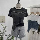 IFOMT Women Vintage Sexy See Throgh Top Y2K Top Washed Raw Edge Denim Pacthwork Mesh Short Sleeve Shirt Casual Holiday Club Streetwear
