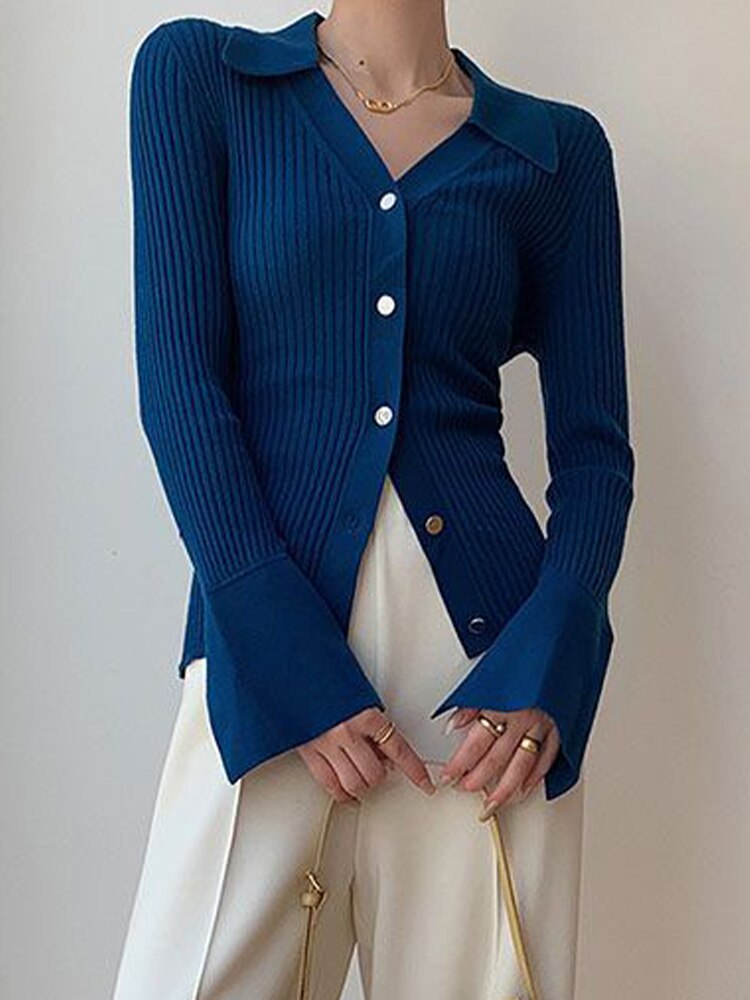 Autumn Knitted Cardigan Women Korean Fashion Sexy Polo Collar Sweater Ladies Elegant Long Sleeve Single Breasted Slim Knitwears