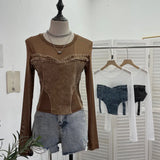 IFOMT Women Street Raw Edge Denim Spliced Solid Mesh Long SLeeve T-Shirt Chic Sexy See Throgh Top Irregular Y2K Top Casual Holiday2633