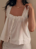 IFOMT Women Y2K Vintage Lace Trim Tank Top Sleeveless Semi Sheer Button Down Crop Shirt Vest Grunge Fairycore Clothings Streetwear