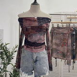 IFOMT Women Retro Tie Dye Abstract Print Front Double Layer Mesh Top One Shoulder Drawstring Pleated Long Sleeve Y2K Boat Neck Top2579
