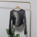 IFOMT Women's Sexy See Through Tie Dye Print Mesh Long Sleeve T-shirt Drawstring Lace Up Short Bell Sleeve Top Casual Streetwear 8929
