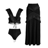 IFOMT 2024 V Neck Fringe Trim Bikini Swimsuit High Waist Swimwear with Skirt for Women Halter Bathing Suits Print Summer Female