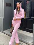 IFOMT Women Spring Outfits Casual Zipper Sweater Hoodie Set High Waist Flare Pants Suits Pink Knitted Womens Y2k Two Piece Set