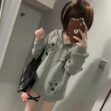 IFOMT Harajuku Gray Cat Ears Hoodie Coat Women Autumn Winter New Mid-length Loose Sweatshirts Y2k Long Sleeve Zipper Tops Mujer