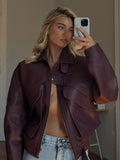 IFOMT Vintage Red Pu Leather Patchwork Zipper Jacket Women Causal Loose Lapel Long Sleeve Short Coat Autumn New High Streetwear