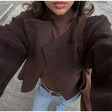 IFOMT Women Dark Red Round Neck Wool Blends Short Jacket Elegant Long Sleeve Buttons Cropped Coats Autumn Winter High Street Outwear