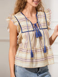 IFOMT Women y2k Vintage Ruffles Sleeve Shirts Floral Print/Stripe Tassel Tie-Up Fashion Blouses Summer Casual Tops