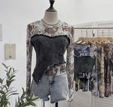 IFOMT Women Raw Edge Denim Spliced Tie-Dye Mesh Irregular T-Shirt Vintage Sexy See Throgh Top Y2K Top Casual Holiday Club Streetwear
