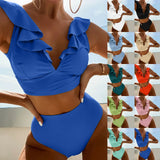 IFOMT Swimwear 2024 Trendy V Neck Ruffle Sexy Bikini Women's Two Piece Swimsuit Solid Colour High Waisted Swimsuit Beachwear Bikini