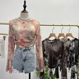 IFOMT Women's Sexy See Through Tie Dye Print Mesh Long Sleeve T-shirt Drawstring Lace Up Short Bell Sleeve Top Casual Streetwear 8929
