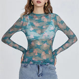 IFOMT Chic Sheer Tops for Women Long Sleeve Mock Neck Lace Mesh Top Sexy See Through Floral Tee Shirt Layering Blouse Y2k Streetwear