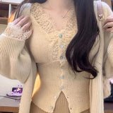 IFOMT Sexy White V-neck Lace Knitted Tops Women 2024 Spring Autumn New Bottoming Cardigan Y2k Slim Fit Long Sleeve Sweaters Mujer