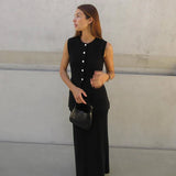 IFOMT Summer Fashion Knitted Skirt Suit Sleeveless Vest Pocket Slit High Waist Long Skirt Elegant White Ribbed Knitwear Outfits