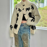 IFOMT Thicken Cardigan Sweater Outwear Women  Autumn Winter Retro Cat Love Pattern Stand Collar Horn Button Knitted Cardigan
