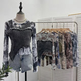 IFOMT Women Raw Edge Denim Spliced Tie-Dye Mesh Irregular T-Shirt Vintage Sexy See Throgh Top Y2K Top Casual Holiday Club Streetwear