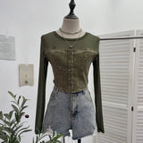 IFOMT Retro Raw Edge Denim Lace Up Pacthwork Mesh Long Sleeve Shirt Women Sexy See Through Top Y2k Shirt Holiday Club Streetwear 2638