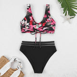 IFOMT Lace Up High Waist Bikini 2024 Woman Swimsuit Women Swimwear Bathing Suit Padded Push Up Floral Print Swimsuit Women Bikini Set