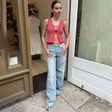 IFOMT Summer Sleeveless Sexy Floral V Neck Slim Striped Knitted Vest Short Navel-Baring Sweater Vest  Women's Cut Out Club Top
