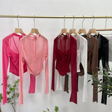 IFOMT Women Square Neck Tie Halter Mesh See Through Long Sleeve T-shirt Sexy Lce Up Slim Fit Short Slit Cuff Top PartyClub Streetwear