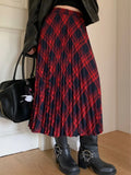 Ifomt Preppy Style Red Women Plaid Skirts Teen Girls Vintage Autumn Winter High Waisted A-Line Pleated Mid Long Skirt