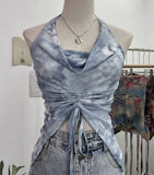 IFOMT Women's Resort Swing Collar Drawstring Strap Halter Vest Tie-Dye Mesh Top Sexy Backless Irregular Vest Party Leisure Essential