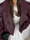 IFOMT Fashion Burgundy Pu Leather Lapel Jacket For Women Fashion With Pocket Loose Short Coats Autumn New High Street Female Outwear