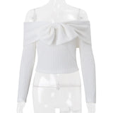 IFOMT Bows One-Shoulder Knitted Sweater For Women Sexy Navel Exposed Long Sleeve Ribbed Top Pullover Female Slim Autumn Fashion