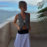 IFOMT Summer Sleeveless Sexy Floral V Neck Slim Striped Knitted Vest Short Navel-Baring Sweater Vest  Women's Cut Out Club Top