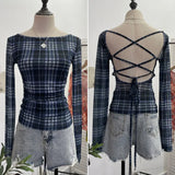 IFOMT Women Retro Printed Slim See Through Mesh Top With Contrasting Straps Backless Long Sleeve Bottoming Cropped Top Y2K Streetwear