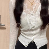 IFOMT Sexy White V-neck Lace Knitted Tops Women 2024 Spring Autumn New Bottoming Cardigan Y2k Slim Fit Long Sleeve Sweaters Mujer