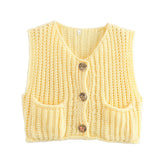 IFOMT Fashion Sleeveless Knitted Cardigan Vests For Women Autumn New Short Sweater Button With Pockets Solid Color Knitted Top