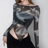 IFOMT Swan Graphic Asymmetrical Mesh Top