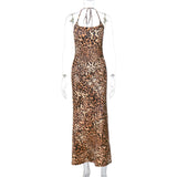 IFOMT Outfits Leopard Print Halter Elegant Evening Long Dress Party Club Summer Sexy Summer Wholesale Y2K Streetwear Casual Clothing