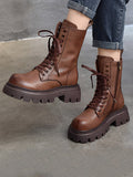 IFOMT Vintage Cow Leather Mid Heels Height Boots