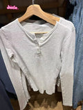 Ifomt Waffle Long Sleeve Women T-shirts Round Neck Five Button Gray Y2K Top Woman Cotton Blend Solid Color Basic Casual Female Tees
