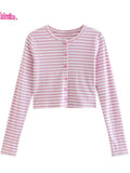 Ifomt Women's Brown Striped Cotton T-Shirt V Neck Slim Long Sleeve Tee Tops Female Streetwear Vintage Y2K Spring Autumn Woman Tshirt