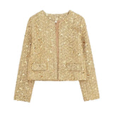 IFOMT Spring Outfits Autumn Women's Sequined Jacket Coat 2025 Luxury Long Sleeve Open Stitch Glitter Jacket Coat Short Outerwear Women