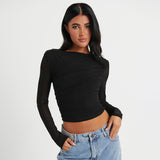 IFOMT Outfit Round Neck Pullover Solid Color Mesh Yarn Shrink Pleated Patchwork See-Through Short Neckless Long Sleeves Top T-Shirt