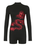 IFOMT Spring Outfits Red Dragon Print Skinny Rompers Back Zip Up Half High Collar Long Sleeve Black Playsuit Women Street Sexy Short Overalls