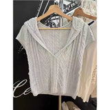 Ifomt American Retro Gray Fried Dough Twists Hooded Sweater Spring Autumn Short Sleeve Knit T-shirts V-neck Loose Y2K Streetwear Top