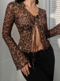 IFOMT Spring Outfits Leopard Print Lace-Up Blouse Shirts Women Semi-Sheer Mesh Elegant Fashion Sexy Flared Sleeve Ruffled Cardigan Tops