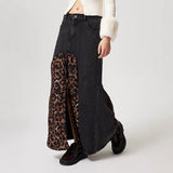 IFOMT Leopard Splice Denim Skirt For Women Autumn New Streetwear Versatile Midi Skirt High Waist Slit Print Lady Fashion Skirt