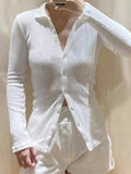 Ifomt New Autumn White Long Sleeve Ribbed Tee Shirt Single Breasted Slim Chic Women T-shirt Hollow Out Tight Y2K Pullovers Top Spring