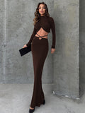 IFOMT Fall New Skirts Suit Solid Color Long Sleeve Crop Top Twist Ruched Slim Lace Up Sexy Navel Exposed Skirt Matching Sets