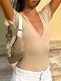 IFOMT Spring Outfits Cross V Neck Skinny Elegant Sexy Short Sleeve Bodysuit For Women Solid Simple Basic Summer Bodys Tops