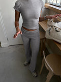 IFOMT Spring Outfits Gray Solid Slim Basic Sports Sexy 2 Pieces Yoga Sets Women O Neck Short Sleeve Tee & Chic Low Waist Skinny Pants Tracksuit S-XL