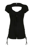 IFOMT Spring Outfits Backless Skinny Shirring Tie Sexy Short Sleeve Black Rompers Women Cut Out V Neck Pink Rave Sports Baddie Playsuits