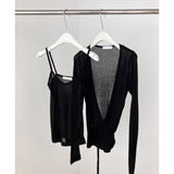 Ifomt Sweet Solid Thin Slightly Transparent Two-piece Suit Women Casual Sexy Slim Long Sleeve Cardigan + Suspenders Vintage Chic Tops